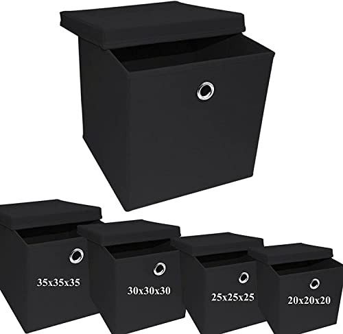 A406 3x Foldable Storage Boxes with Lid Storage Basket with Lid Fabric Cubes with Handles Collapsible Fabric Organiser Clothes Storage Box (Medium -25x25x25cm, Black)
