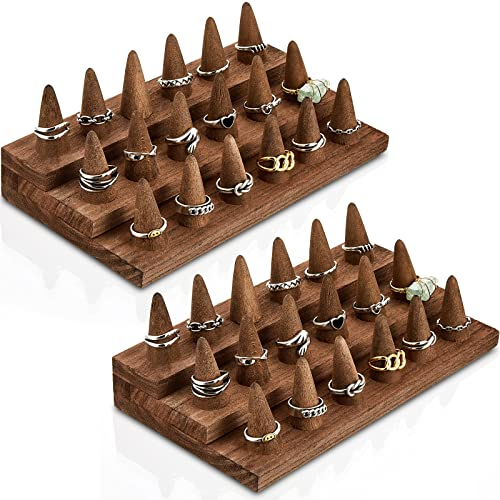 Juexica 2 Pack Wooden Ring Display Holder, 3 Step for 18 Rings, Brown