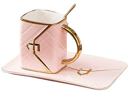 COGOALL Tasse à Café en Céramique, Tasse à Thé Et Ensemble Poêle à Frire (avec Cuillère), Tasse à Espresso De Style Sac à Main, Creative Bag Dessert Set Cadeau Tasse à Thé 310ml (Pink)