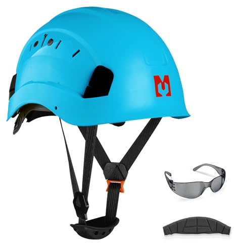 Mustbau Casco di Sicurezza, Casco Protettivo EN397 con Occhiali Antiappannamento, Fascia Regolabile da 53 a 63 cm, Materiale ABS Resistente Per Uomini Donne - Blu