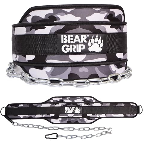 BEAR GRIP - Cinturón de inmersión y dominadas con peso para entrenamiento de fuerza, culturismo (camuflaje gris)