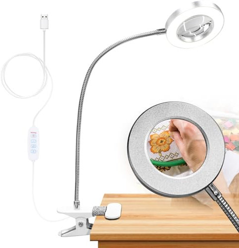 Beyamz LED-Klemmleuchte mit 5-facher Lupe, Klemmlampe, Schwanenhals-Leselampe, Nachttischlampe, 500 lm, 3-farbige dimmbare LED-Ringlichter (Adapter nicht im Lieferumfang enthalten)
