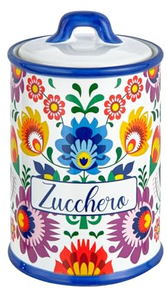 Baroni Home Barattolo Zucchero Decorato in Ceramica con Coperchio Ermetico, Accessorio da Cucina Colorato Resistente, Linea Flora, 11x11x17 cm