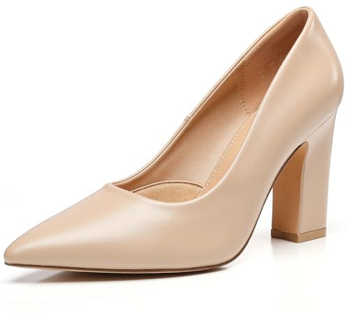 Trary Nude Heels Women's Closed Pointed Toe Chunky Pumps Block High Heels Comfortable Slip-On Office Party Wedding Dressy Shoes 3.54 Heel Size 9