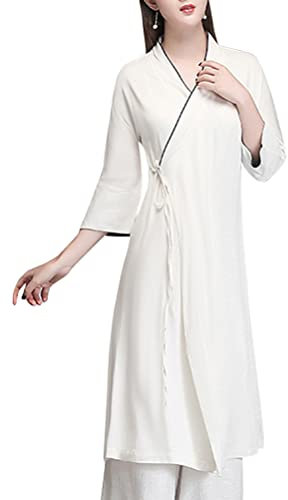 Abito da donna in cotone e lino, abito Hanfu sul davanti, pantaloni a gamba larga, uniforme da Kung Fu cinese, abbigliamento da yoga, costume da meditazione Zen (Color : White, Size : Large)