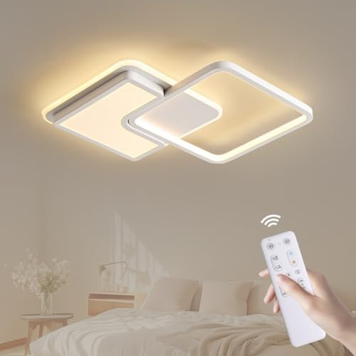 ANTENLICHT LED Deckenlamape mit Fernbedienung Design Geometrisch, 50W Wohnzimmerlampe Stufenlos Dimmbar 3000-6500K, Esstischlampe Bürolampe Deckenleuchte aus Metall für Wohnzimmer Schlafzimmer, Weiß