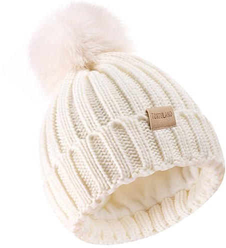 Tontuland Children's Winter Warm Pompom Hat Fleece Lined Knit Beanie for Kids Aged 3-9, Perfect for Boys and Girls White