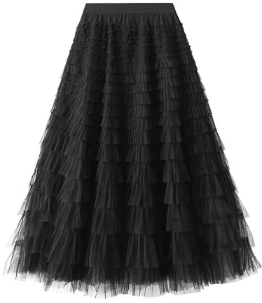LYSINK Women Multilayer Ruffles Tulle Tutu Skirt Pleated Elastic Waist Flared A Line Skirt Fairy Cake Long Skirt (A-Black, ONE Size)