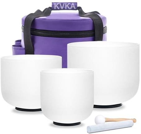 KVKA Kristall-klangskålar, 17,8 cm C+20,3 cm F+25,4 cm G 432Hz Vit frostad kvarts Livets blomma Chakra-klangskala för yoga meditation ljudhealing stressavbyggnad med väskor