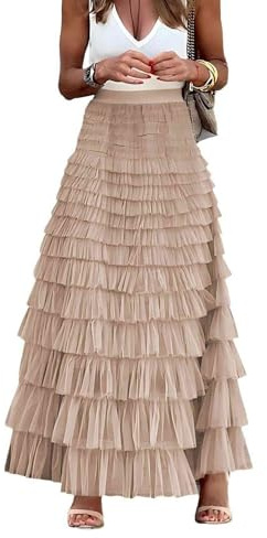Mincib Womens Long Tulle Skirt A Line Ruffle Tiered Layered Skirts High Waisted Flowy Fairy Maxi Skirts Valentine's Day Gifts Outfit(Champagne,L)