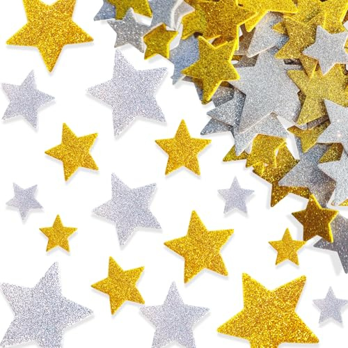 180 Pcs Glitter Foam Stickers Silver and Gold Stars Self-Adhesive Stickers for Birthday Christmas Party Decor DIY Scrapbooks Greeting Cards Arts Craft Supplies