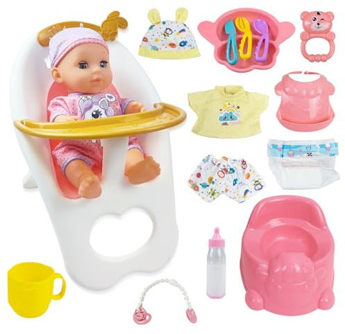 RedCrab Bambola con Accessori, 18 Pezzi Set Bambole per Bambina con Seggiolone, Vestiti, Biberon, Tettarella, Vasino e Pannolini, Giocattolo Regalo per Bambina 2 3 4 5 6 Anni