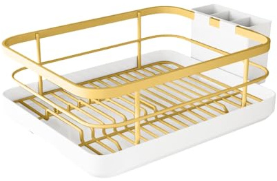 Dish Drainer Rack Drip Tray & Cutlery Holder ABS Steel Space-Saving Drying Rack Utensil Organiser, Draining Board & Hooks for Spoons, Forks, Chopsticks (Black/White/Gold)