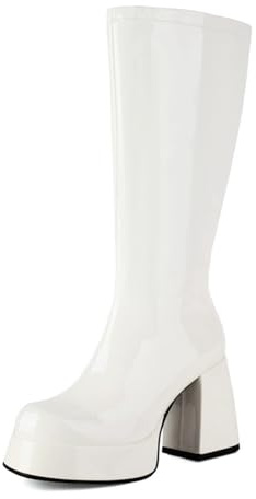 MiaZane Stivali Retro Donna con Plateau Pelle Verniciata al Ginocchio Tacco Basso Chiusura Laterale con Cerniera Stile Go Go Anni 70 Disco Festa Vintage,Bianca,46 EU