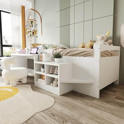 YEHTOKHOME Lit Multifonctionnel en Bois de 90 x 200 cm avec Bureau et Armoire de Rangement,Moderne lit Simple pour Enfant avec 2 Ports USB et Prise électrique(sans Matelas) (B, Blanc)