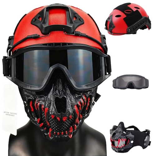 Casco táctico Fast de 6 mm de Grosor - Casco Protector con máscara y Gafas para Juegos de CS y Entrenamiento táctico(Red)
