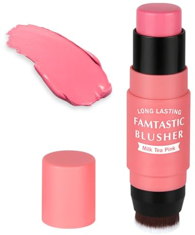 BUTBU Blush Stick, Dual-Ended Cream Blush Stick with Built-in Brush, Blends Effortlessly, High Pigment Blushs Makeup, Long-lasting Multi-Stick for Cheeks and Lips (Milk Tea Pink)