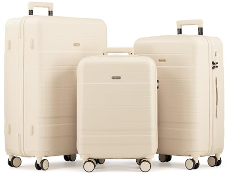 VonHaus Suitcase Set - Cream Luggage Set for Travel - 3 Piece Lightweight ABS Hard Shell Suitcases - Telescopic Handle & Double Spinner Wheels - TSA Lock & Anti-Theft Zip - Large, Medium & Cabin Bag