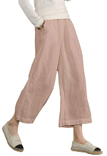 ECUPPER Womens Elastic Waist Plus Size Cotton Pants Relaxed Fit Casual Cropped Wide Leg Trousers Pink L