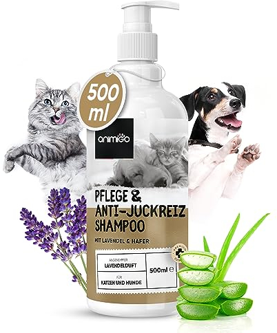 animigo Hundeshampoo - 500ml Pflege & Anti-Juckreiz Shampoo - Ausgewogener pH-Wert - Gegen Juckreiz, Milben, Flöhe - Katzenshampoo - Alle Katzen & Hunde Rassen - Hautfreundlich & Natürliche Zutaten