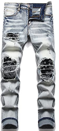 Liuhond Skinny Slim Fashion stretchjeans för män med raka och slitna hål, Blå (660606 blå), 32