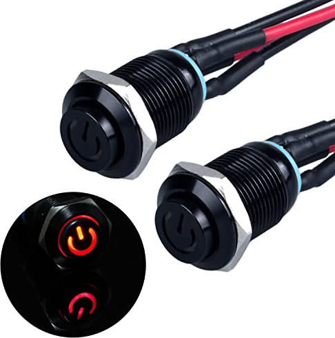 JIQI 2 interruttori a pressione istantanei impermeabili da 12 V a 24 V 2 A, IP66, con illuminazione a LED, alloggiamento in metallo nero, pulsante momentario con fili di collegamento per auto fai da