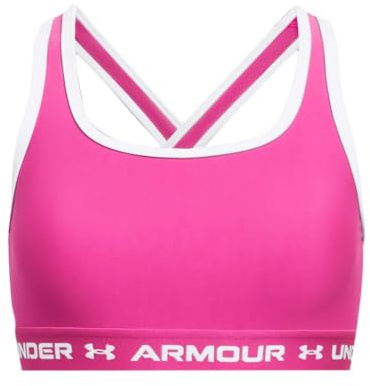 Under Armour UA Crossback Mid Bra Sostén deportivo para mujer, sujetador top con espalda cruzada y copas extraíbles, color negro/negro/rosa fuerte