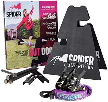 SPIDER SLACKLINE - Outdoor-Kit Custom Slackline für Anfänger - für den Einsatz im Freien ohne Bäume - Enthält: 1 individuelle Slackline, 2 Stative, 2 Platten, 4 Nägel und eine Anleitung - Kit 25m