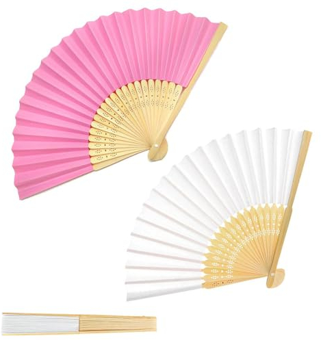 ZKSXOA 2 Stück Faltbare Handfächer Seide Stoff Bambus Chinesische Hochzeitsfächer für Herren und Frauen Faltfächer für Hochzeit Aufführung Tanz Deko Festival (Klassischer Stil, Weiß,Rosa)