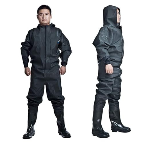 HWBZSZY Voll Body Wathose Fischerhose Mit Wasserdichter Kapuze, Outdoor Watstiefel Anglerhose Weich Und rutschfest PVC Gummistiefel PVC/Nylon Teichhose Für Herren Damen,Schwarz,38 EU