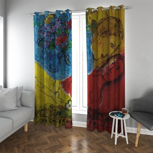 PARREN Marc Chagall Style Romantische Verdunkelungsvorhänge mit Les Amoureux et L'ange Jaune Muster Extra breite Thermovorhänge für Schlafzimmer 2 Stück 140x270cm