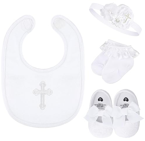Vinsatin 4 Pcs Baptism Costume Outfits for Girl Includes White Shoes Socks Headband Embroidered U Shaped Bib First Communion(0-6 Months)