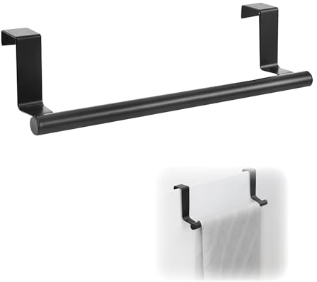 Portasciugamani da porta, in acciaio inox, porta asciugamani da cucina, da appendere, (non è necessario forare), per appendere gli asciugamani, 24 cm di lunghezza, nero.