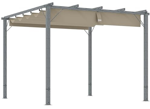 Outsunny 3 x 3(m) Garden Pergola with Retractable Roof Canopy and Wood Grain Aluminium Frame, Outdoor Gazebo Pergola Kit, UPF30+ Sun Shade Shelter for Deck, Porch, Grey