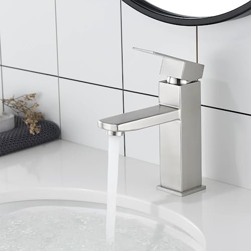 XWIHTR mezclador de baño caliente y frío de acero inoxidable con control deslizante de cerámica silencioso, monomando, mezclador de lavabo mixto de ahorro de agua para baños, lavabos, pequeños