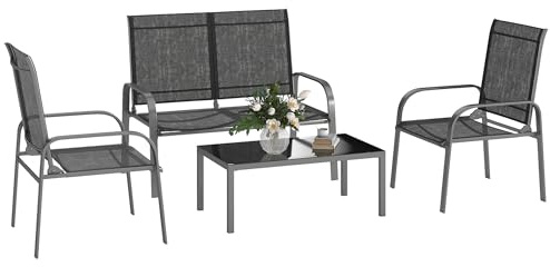 Outsunny Set Salotto da Giardino da 4 Pezzi, con Divanetto da Esterno a 2 Posti con Schienale Regolabile, 2 Sedie e Tavolo da Caffè in Vetro, Set di Mobili Impermeabile in Acciaio e Textilene, Nero