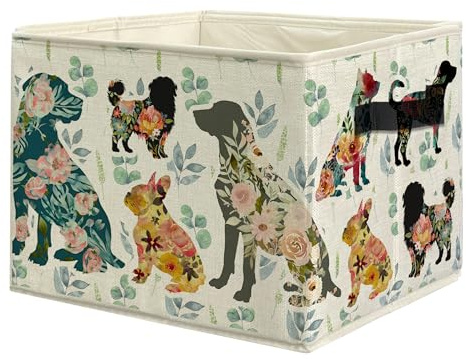 uinwk Floral Dog Storage Bins, Dog Lover Mom Gifts, Sage Green Eucalyptus Botanical Dogs Collapsible Storage Box Laundry Basket with Handle for Home Bedroom Bathroom Office Clothes Books