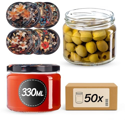 KADAX Barattoli per marmellata, 330 ml, con tappo a vite fi82 mm, per marmellate, miele e confetture, barattoli in vetro, barattoli con coperchio (gigli, 50 pezzi)