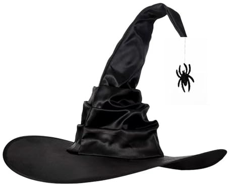 SSKHE Chapeau de Sorcière avec Araignée, Accessoire Déguisement Halloween Adulte Enfant, Chapeau Pointu Classique avec Large Bord et Plis, Magicien pour Cosplay Soirée Carnaval