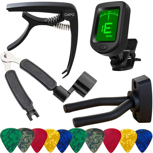 Voxlumia Guitar Capo,14-in-1 Guitar Accessory Kit with Clip-on Tuner, 3-in-1 String Cutter Winder,Wall Mount Hanger with Foam Padding,10 Picks (0.96mm) – Ukulele,Acoustic,Electric Guitar