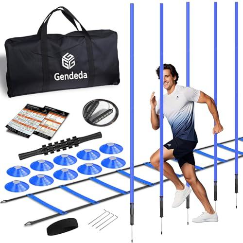Gendeda Set di allenamento per calcio, scala di coordinazione, accessori per allenamento con scala regolabile da 6 m, 5 aste per slalom, 10 cappelli, corda per saltare, set da allenamento