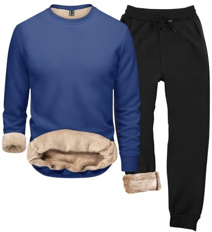 Winter Men's Thermal Underwear Set Long Sleeve Crew Neck Basic Warming Functional Underwear Comfortable Loungewear, blue, L