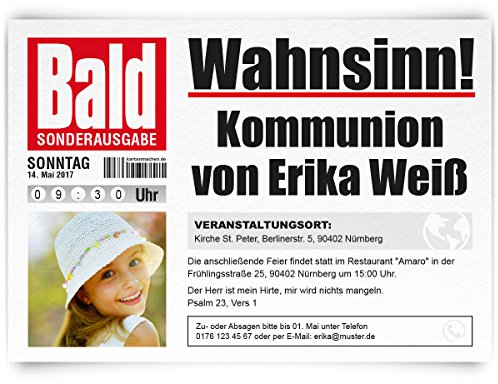 Lustige Kommunion Einladungskarten gestalten als Bald Zeitung ab 10 Stück Set Kommunionskarten Einladung mit Ihrem Bild