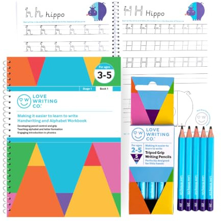Love Writing Co. Lär dig skriva paket 1 | Ålder 3-5 år | Inkluderar handskrift övningsbok med alfabetsspårningsbok och 5 barn handskrivspennor | Praxis pennkontroll, grepp och telefon
