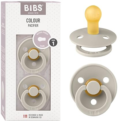 BIBS Colour Soother 2-Pack, BPA Free Dummy Pacifier, Round Nipple. Natural Rubber Latex, Made in Denmark, Size 1 (0-6 Months), Sand