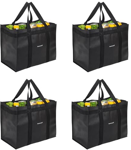 Homemell Heavy Duty Reusable Grocery Bags, Large Collapsible Tote Bag Holds 100 LBS, Extra-Strength Premium Material (Black, 4-Pack)