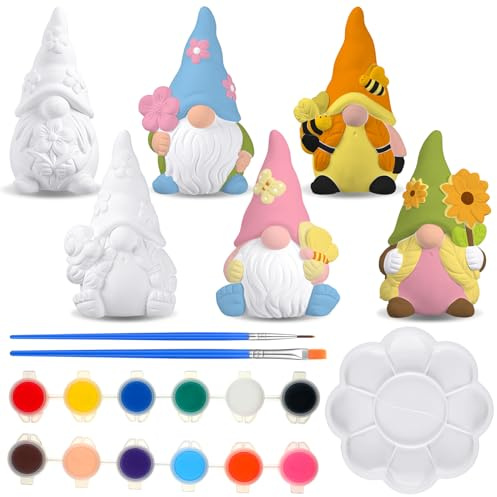 Poen 6 Sets Ready to Paint Your Own Ceramic Gnome Statues Spring DIY Unpainted Ceramics Gnome Figurines Kit Spring Crafts Gifts Drawing Figurines DIY Art and Craft with Brush Palette Paint for Adult