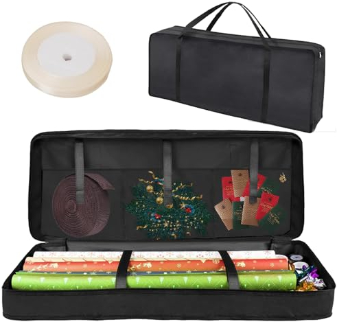 Geschenkpapier Aufbewahrung Schwarz, 600D Oxford Aufbewahrungstasche für Geschenkpapier Organizer with Zierband, Schwerlast Wasserdichtes Reißfest Geschenkpapierrollen Organizer 82x35x14cm