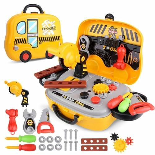 Taylor & Brown Role Play DIY Tool Playset - Colourful Toy for Pretend Play Workbench with Saw, Wrench, Hammer Portable Carry Case Set Xmas Gift - For 3 Years Old and Up