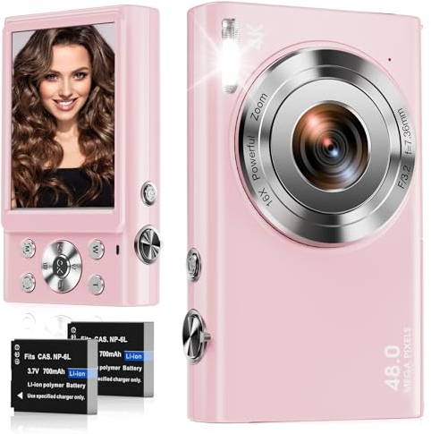 Digitalkamera, 4K Autofokus Fotokamera HD 48MP mit 2,8 großem Bildschirm, 16X Digitalzoom, Kompaktkamera für Fotografie, Fotoapparat für Teenager, Erwachsene, Anfänger（Rosa）